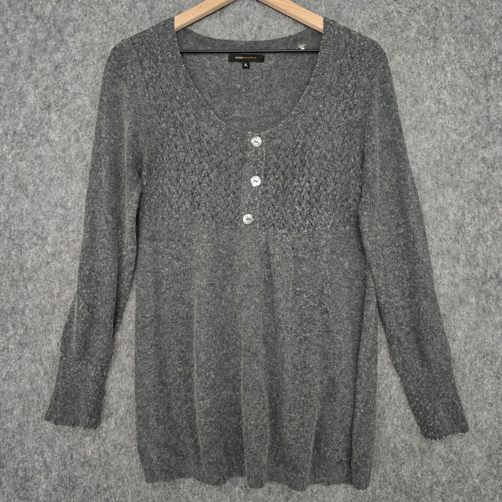 BCBG MAX‎ AZRIA Sweater Womens XL Gray Wool Angora Open Knit Henley Tunic Tie